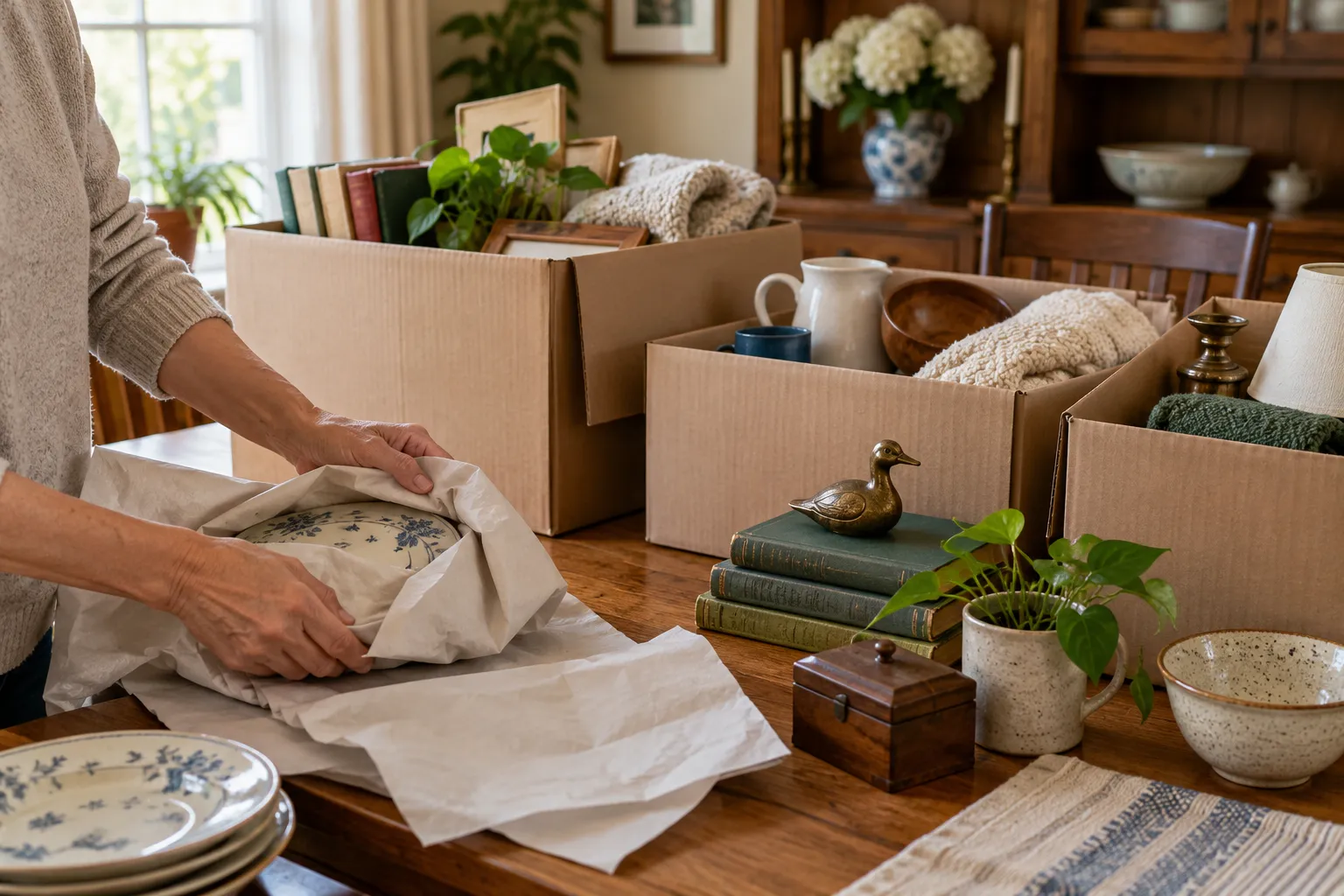Household dishes, books, and objects being sorted carefully into boxes
